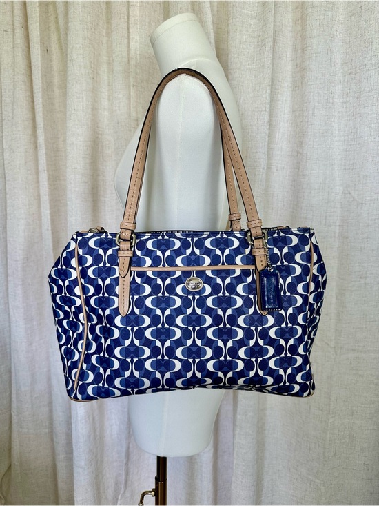 Coach Handbags - Coach Navy and White Signature Canvas Tote with Tan Leather Trim
